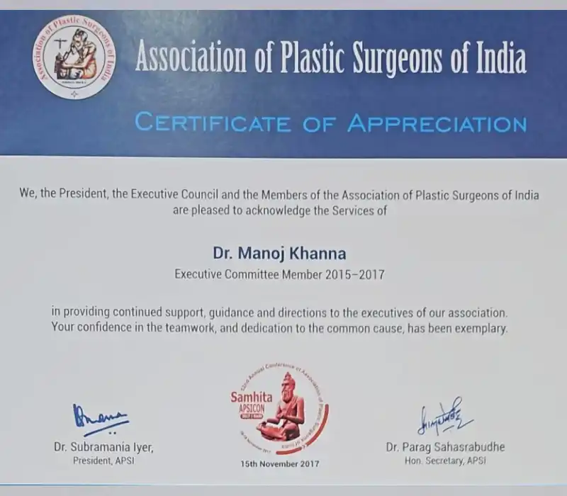 Certificate of Honour – Keynote Speaker | Plastic Surgery India