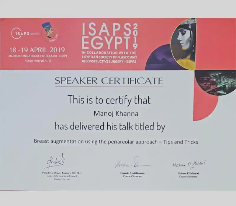 ISAPS Egypt Congress 2019, for presentation on periareolar breast augmentation techniques. | Plastic Surgery India