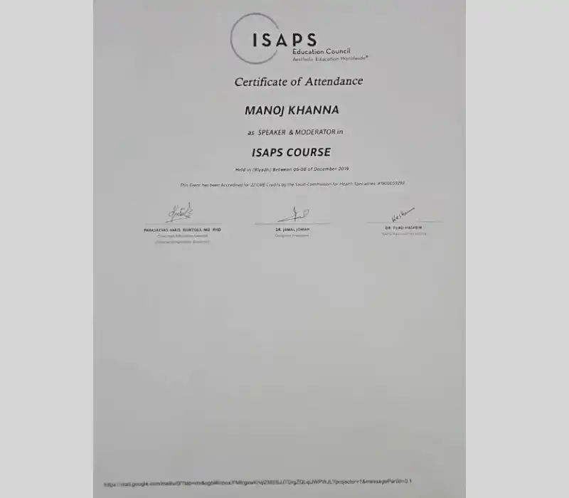 ISAPS Course Certificate – Speaker & Moderator, Riyadh | Plastic Surgery India